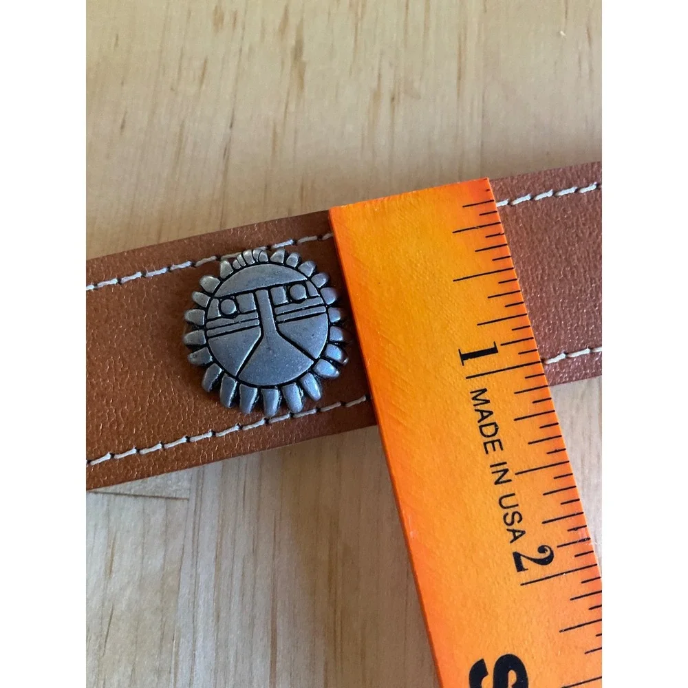 Tan Leather Southwestern Concho Belt Silver Tone Buffalo Thunderbird Sun Size 34